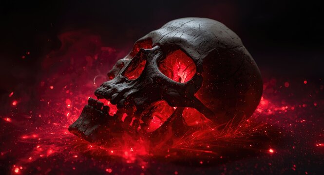 Imaginative graphic of a fallen combatant&acirc;&euro;&trade;s skull haunted by radiant red souls and luminous light particles