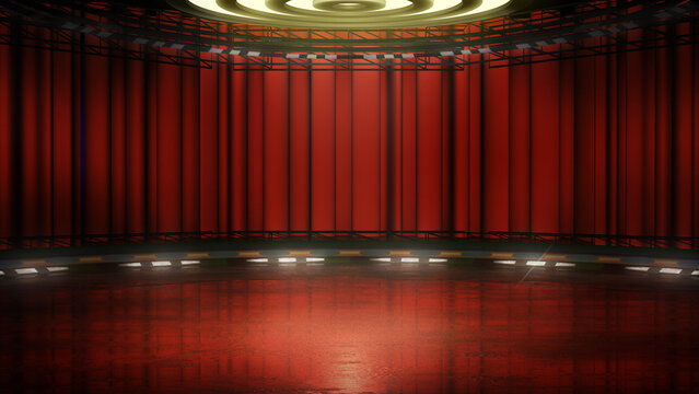 Virtual theatre stage background, with red curtain. A 3D render, ideal for live performances, shows or events. A graphics backdrop suitable on VR system sets, with green screen