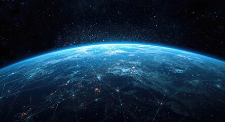 Obraz premium Outer space view of Earth surrounded by a network of AI generated data