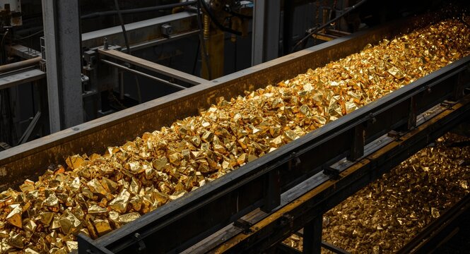 Processing gold ore rocks on sorting conveyor in mineral extraction facility