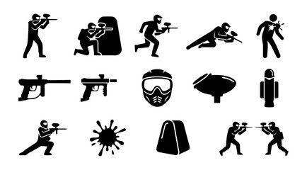 Paintball Silhouette Set – Action Sport Players, Gear and Tactical Game Icons © Mediasegment