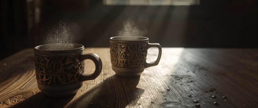 Rustic chopp mugs with condensation on a sunlit wooden table