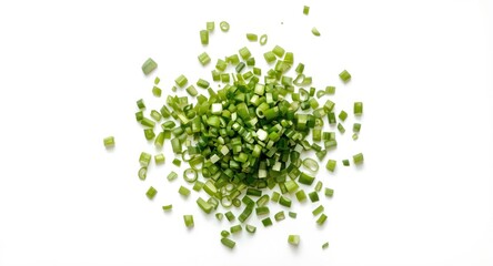 Obraz premium Shot showing chopped green onions spread on a white flat surface