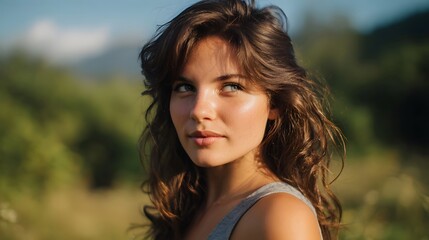 Fototapeta premium Young woman with brown hair and blue eyes looking to the side in a natural outdoor setting with blurred green foliage background