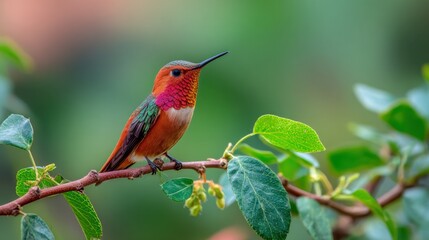 Fototapeta premium Colorful hummingbird perched on leafy branch in foliage