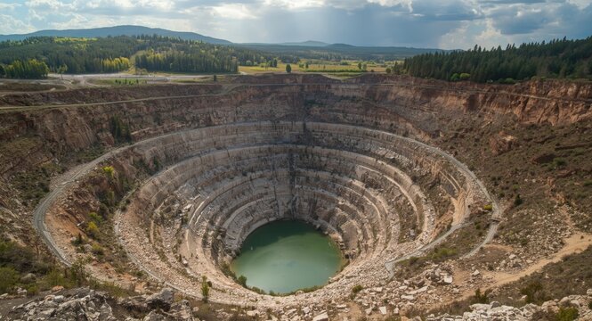 Large abandoned diamond mining pit with deep quarries