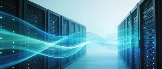 Fototapeta premium Modern enterprise data center server corridor with high speed data flow network connection and cloud computing infrastructure technology background, idea for IT infrastructure and digital storage