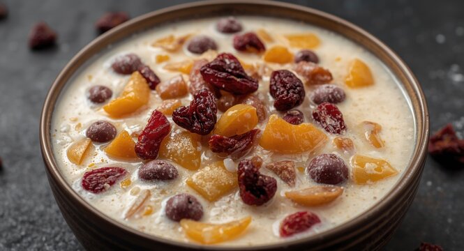 Heavenly mixed fruit rabdi featuring thick condensed milk and dried fruit pieces