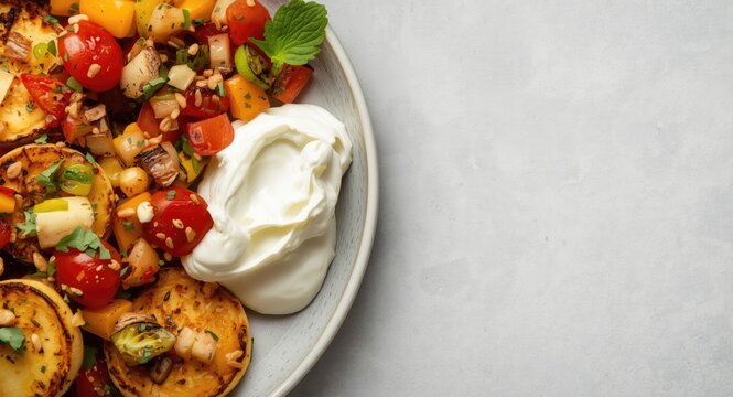 Roasted batata slices paired with fresh crunchy vegetables and velvety smooth cottage cheese