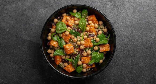 High view of a black bowl of salad with quinoa, chickpeas, spinach, and sweet potato featuring empty space