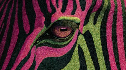 Fototapeta premium Zebra eye displaying neon striped fur in dark closeup