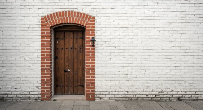 Rustic door set in a white brick wall with a standout red brick showcasing architectural contrast