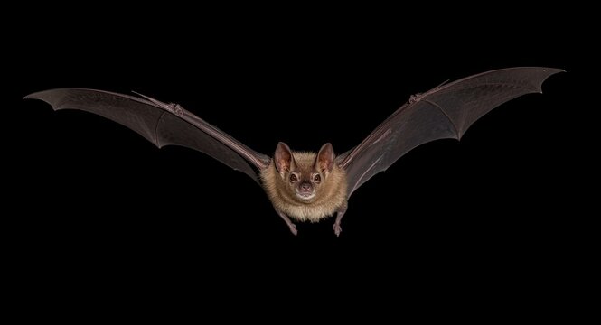 Night scene of a long-eared bat flying with unique ear folds isolated