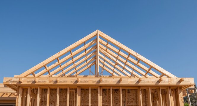 Construction of a modern house featuring exposed roof joists beneath a clear blue sky