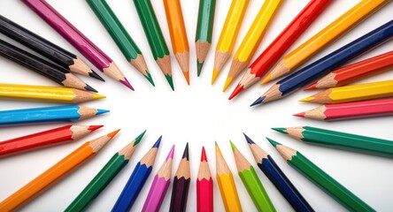 Fototapeta premium Colorful pencil assortment meticulously arranged against white backdrop highlighting sharp points and radiant hues