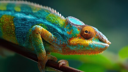 Obraz premium Vivid chameleon macro shot highlighting gradient colors and intricate scale patterns