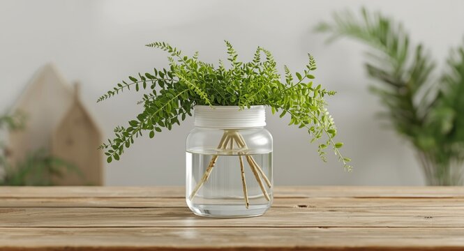 Morning light highlights white jar with water and lush ruscus branch arrangement