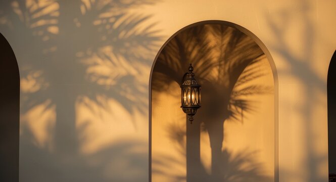 Arched exterior wall of luxury house featuring palm shadow and gaslight flame during golden hour