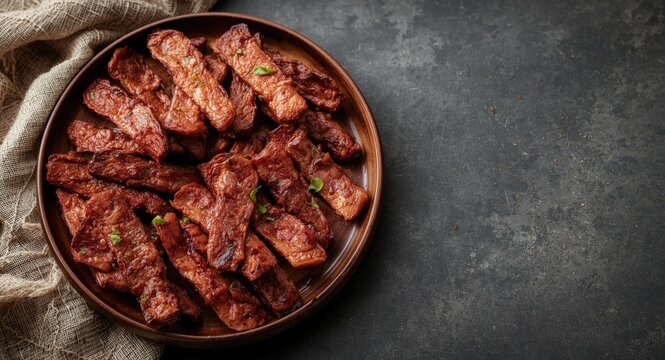 Rustic flat plate holds perfectly arranged BBQ dried meat strips as a classic snack