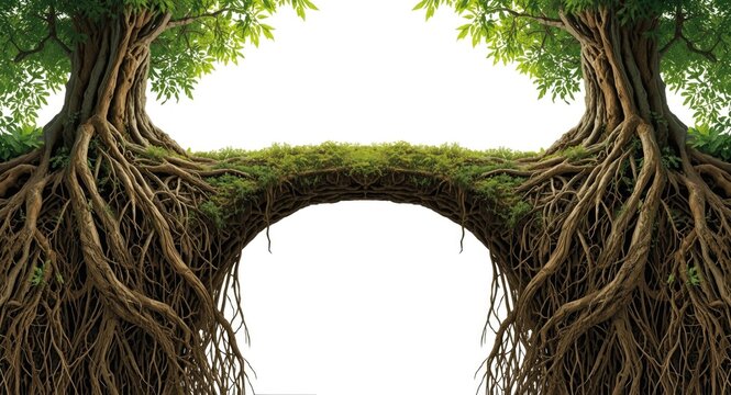 Depiction of a legendary double layered living root bridge created from durable intertwined roots