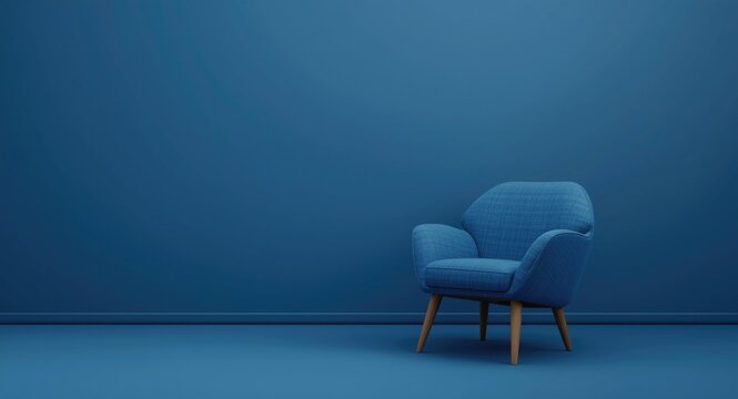 Blue chair resting in a calm blue interior with designated copy space