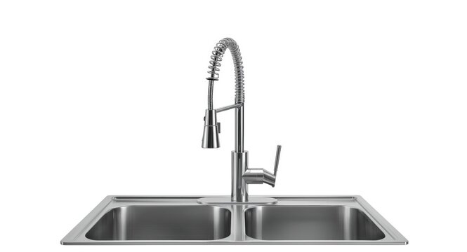 heavy duty metal kitchen sink outfitted with touchless faucet isolated on white background