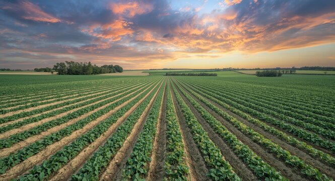 High angle image of cultivated fields with flourishing crop rows set against a vivid sky showcasing agricultural patterning and natural textures