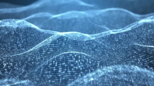 Abstract digital landscape with flowing binary code waves. Represents data visualization, technology, and the digital world