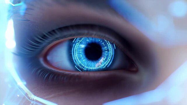 Close-up of a futuristic eye with digital interface elements. Represents advanced technology, innovation, and the intersection of human and machine