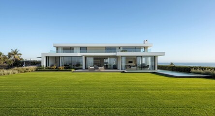 Fototapeta premium Modern luxury house exterior with spacious lawn yard overlooking sea view