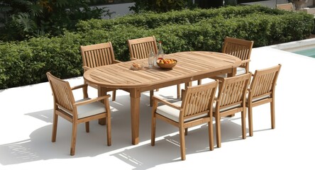 Fototapeta premium Inviting teak wood outdoor dining set with oval table and coordinated chairs on white