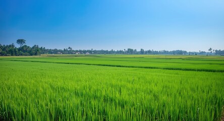 Obraz premium Extensive verdant rice paddies thriving under clear skies
