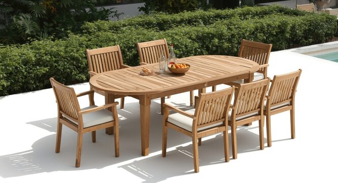 Inviting teak wood outdoor dining set with oval table and coordinated chairs on white