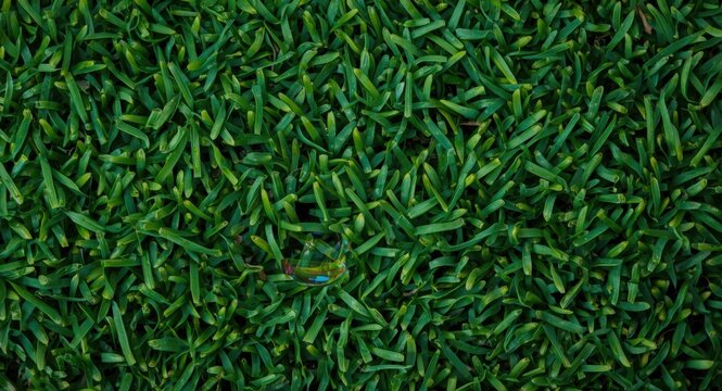 Close up image of a soap bubble on vivid textured green grass with reserved copy space for text