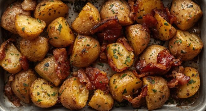 Garlic and cumin roasted potatoes complemented by smoked bacon and fresh herbs