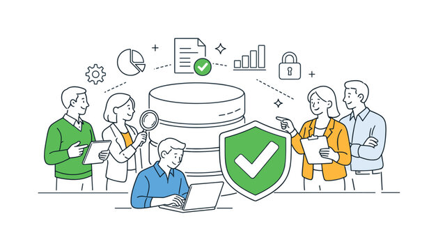 A data governance and quality management scene showing analysts and managers ensuring accuracy and consistency together around a large database stack and a simple checkmark badge
