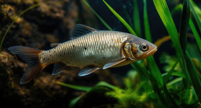 Sharp close shot of a grass carp among aquatic plants in a tank
