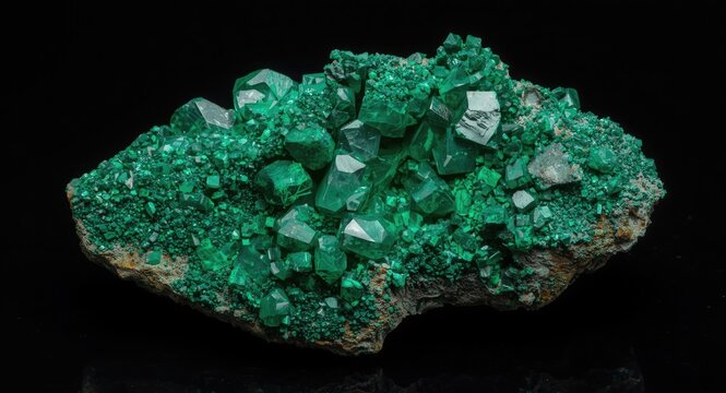 High resolution malachite stone revealing monoclinic crystal geometry isolated on black