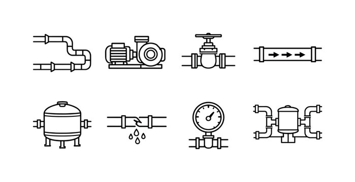 Fluid transport network: pipeline route, pump icon, valve control, flow direction arrows, distribution tank, pipe leak, inspection gauge, system layout