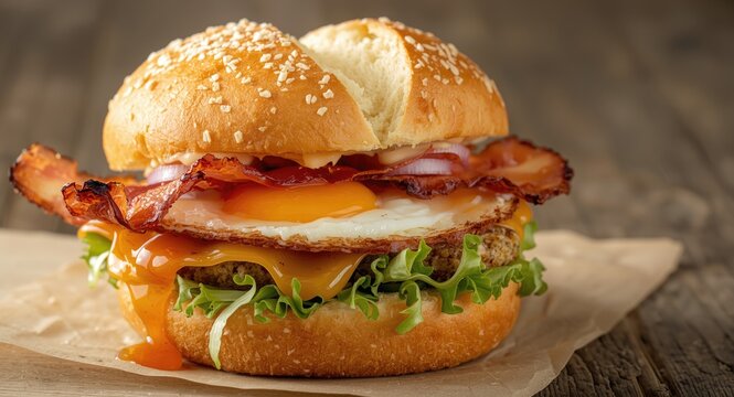 Fluffy brioche roll sandwich with fried egg crispy bacon and cheese