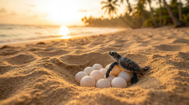 A baby sea turtle hatching from an egg on a sandy beach at sunset