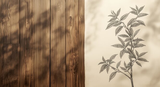 Rustic wood texture background combined with Peltophorum pterocarpum nature sketch and copy space