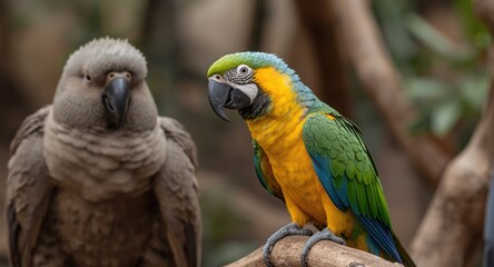 Obraz premium Cheerful ara parrot interacting with visitors in animal sanctuary