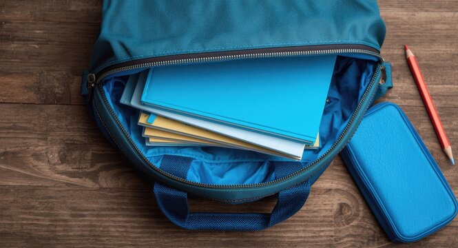 Opening a schoolbag filled with bright blue books and pencil case on a rustic wood table