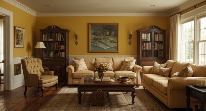 Inviting vintage farmhouse living room with yellow beige tones and cozy couch