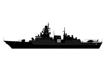 Fototapeta premium Modern naval warship sailing on calm waters with advanced weaponry and radar systems
