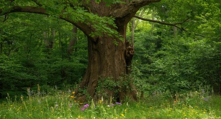 Fototapeta premium Grand old tree encircled by flourishing green foliage and colorful wildflowers in a calm forest landscape