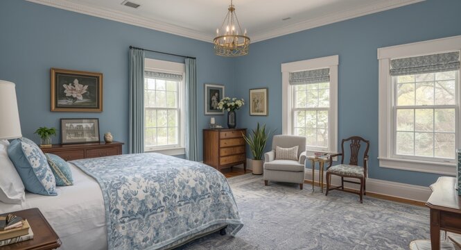 Peaceful traditional chamber with calming blue walls and classic furnishings