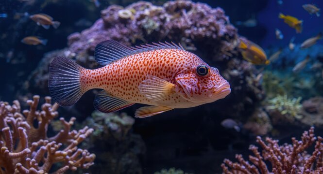 Adult hogfish in a tropical aquarium featuring natural coral and marine life