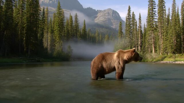 Slow tracking shot of brown bear walking and wading through shallow river in conifer forest near mountain range at morning mist